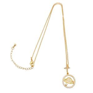 Dainty Gold Chain Shiny Rhinestone Saturn Star Planet Pendant Necklace